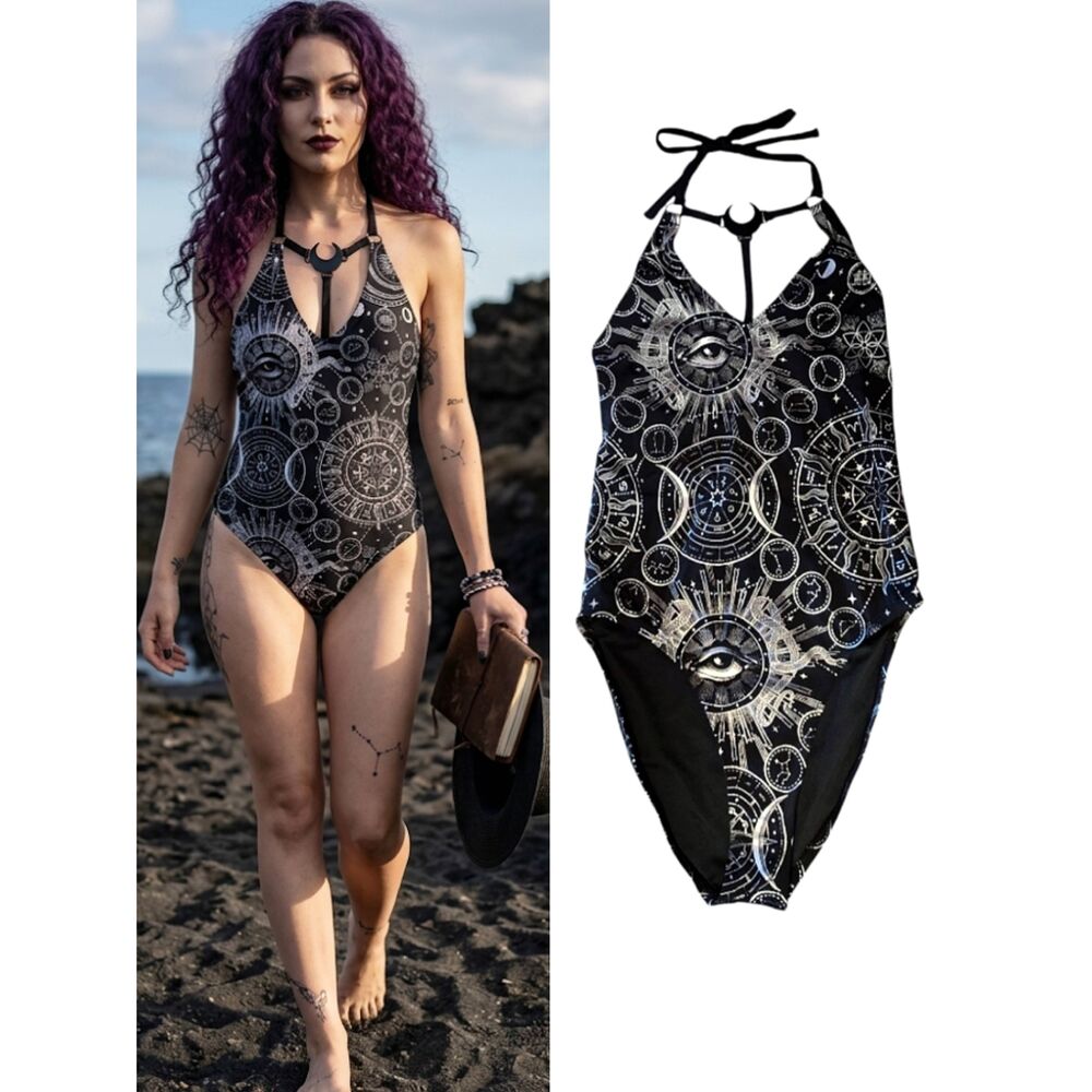 Killstar Black Silver Lunar Tide One Piece Halter Goth Swimsuit Small/ 6‎ NWOT